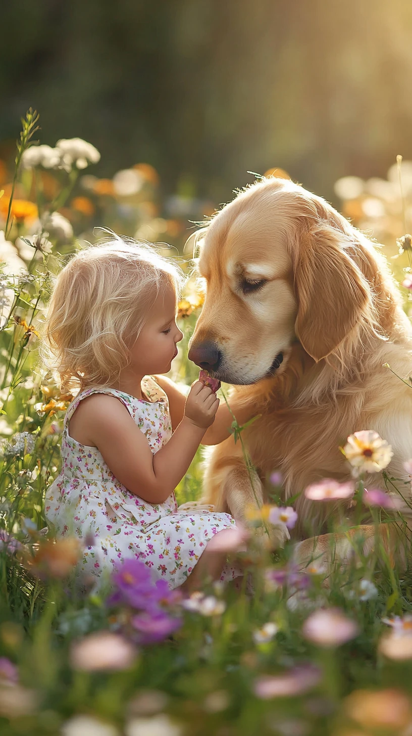 Criança Pequena com Golden Retriever em Campo Florido ao Sol
