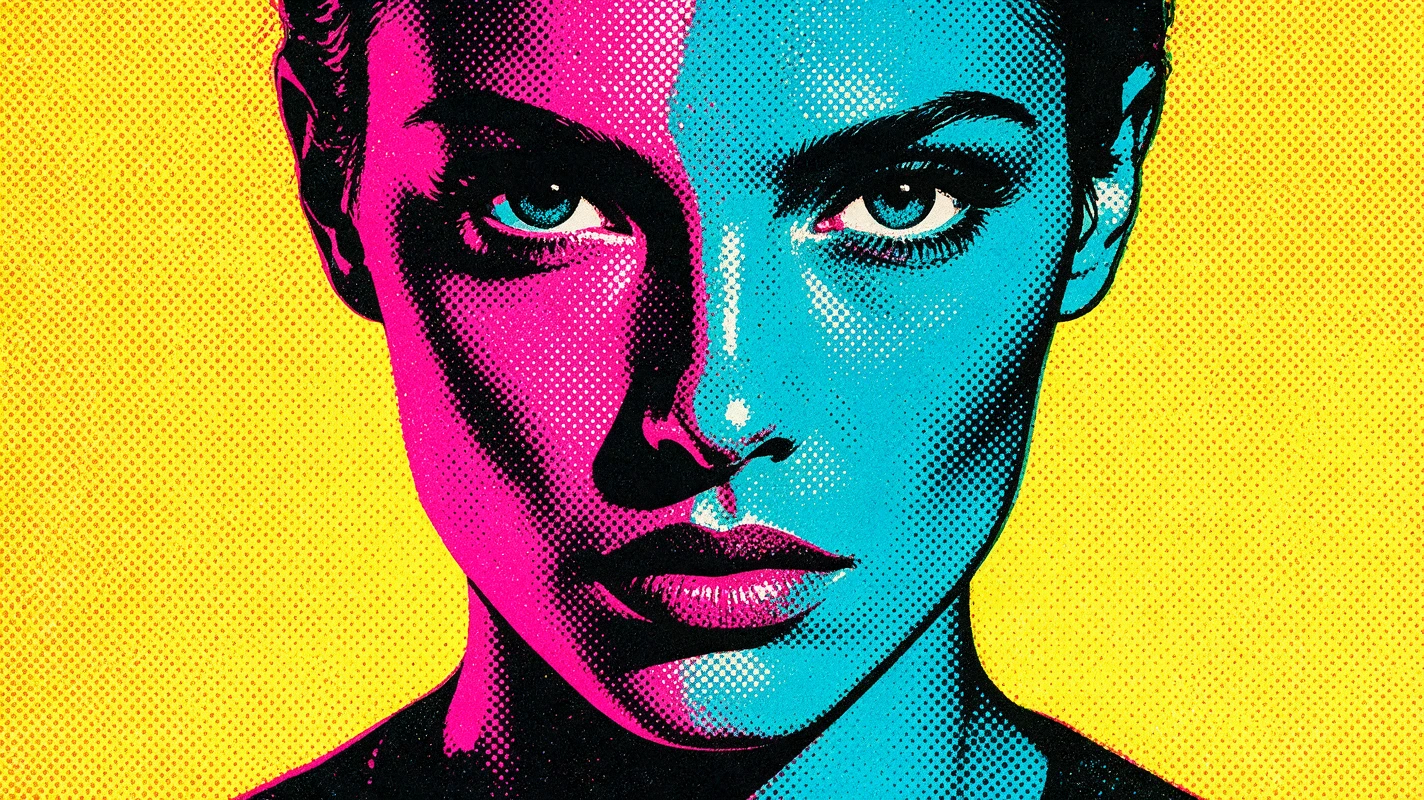 Pop-Art-Porträt einer Frau in Nahaufnahme mit geteilten Farben