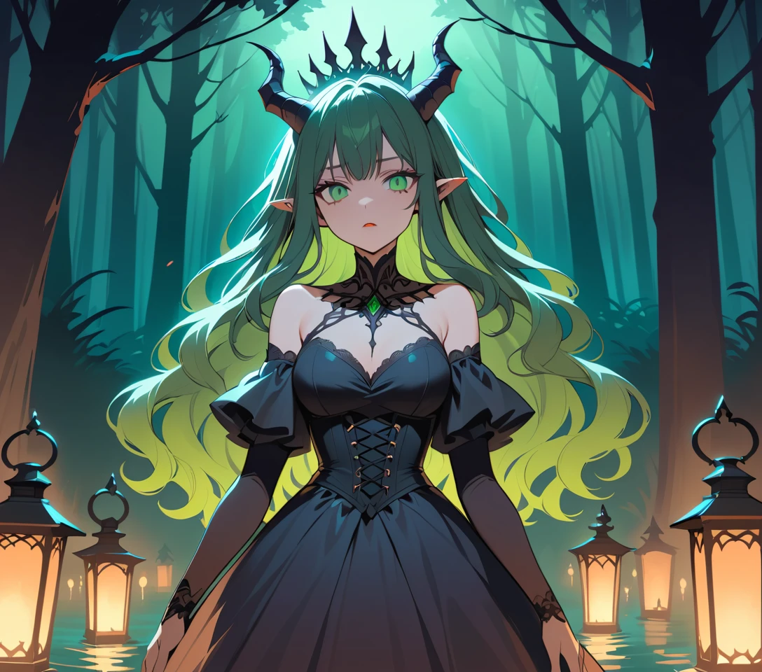 Donna con le corna vicino a un fiume oscuro nella foresta di notte