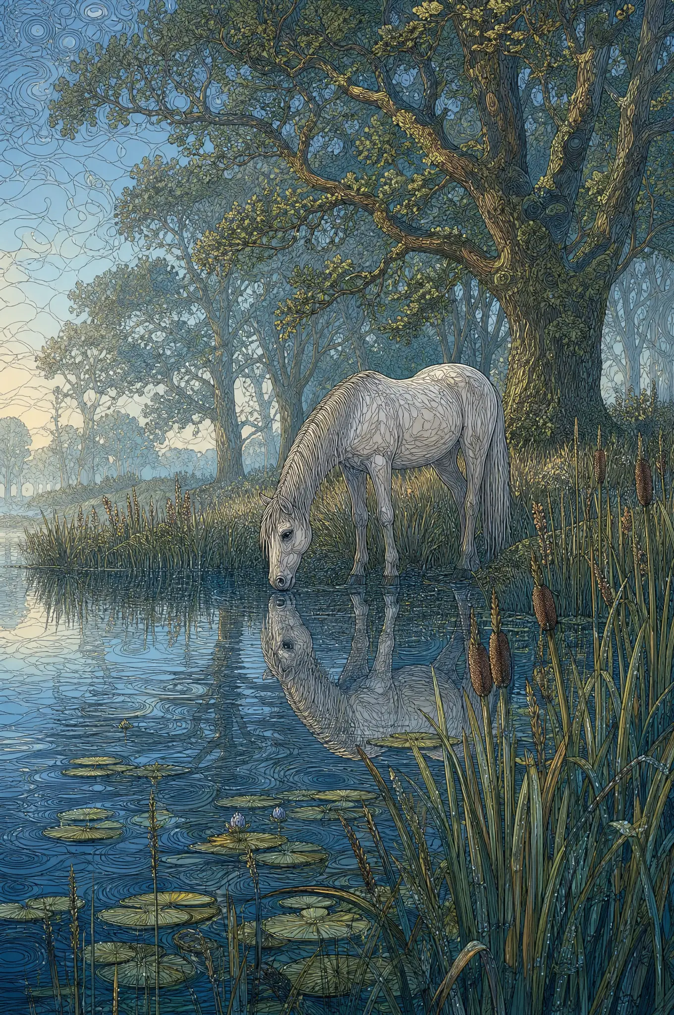 Peaceful blue lake with tall grasses and distant oak trees