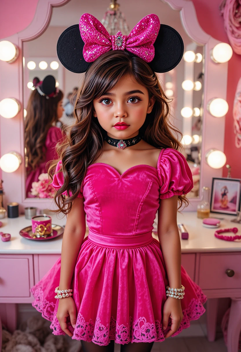 Hispanic tween boy in Minnie costume at pink vanity