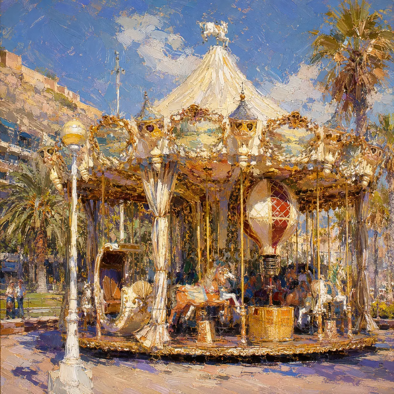 Carrossel mediterrâneo ao sol na luz de verão impressionista