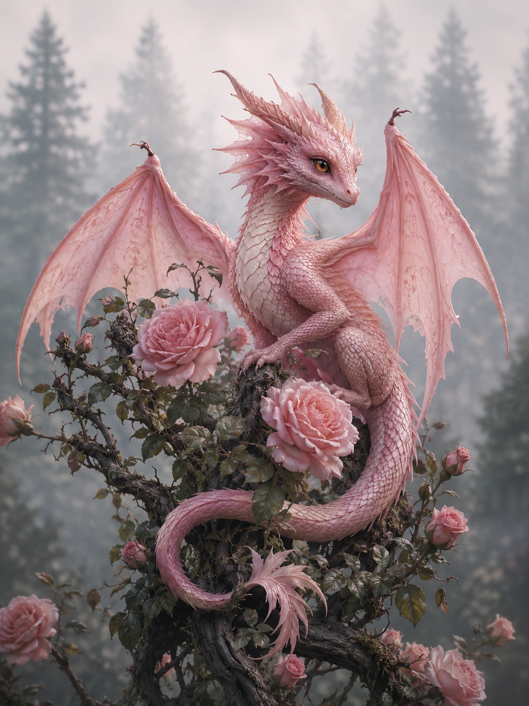 Dragão Rosa Pastel Descansando em um Arbusto de Rosas Tomado Pela Vegetação