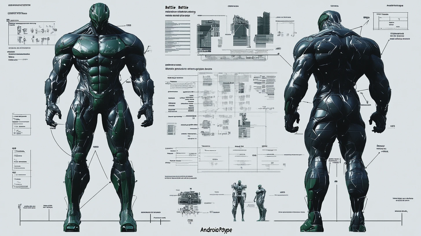 Diagrammi tecnici di un prototipo di cyborg da battaglia gigantesco