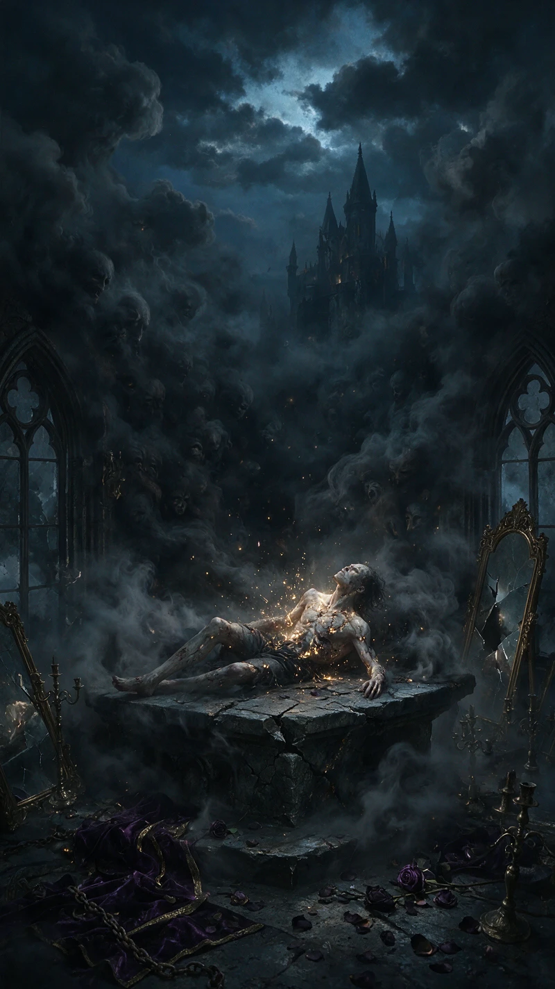 Burning demonic figure sinking into a dark hellscape