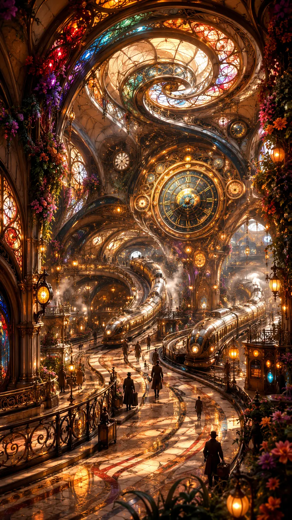 Cinematic fantasy train station of sweeping curves and light