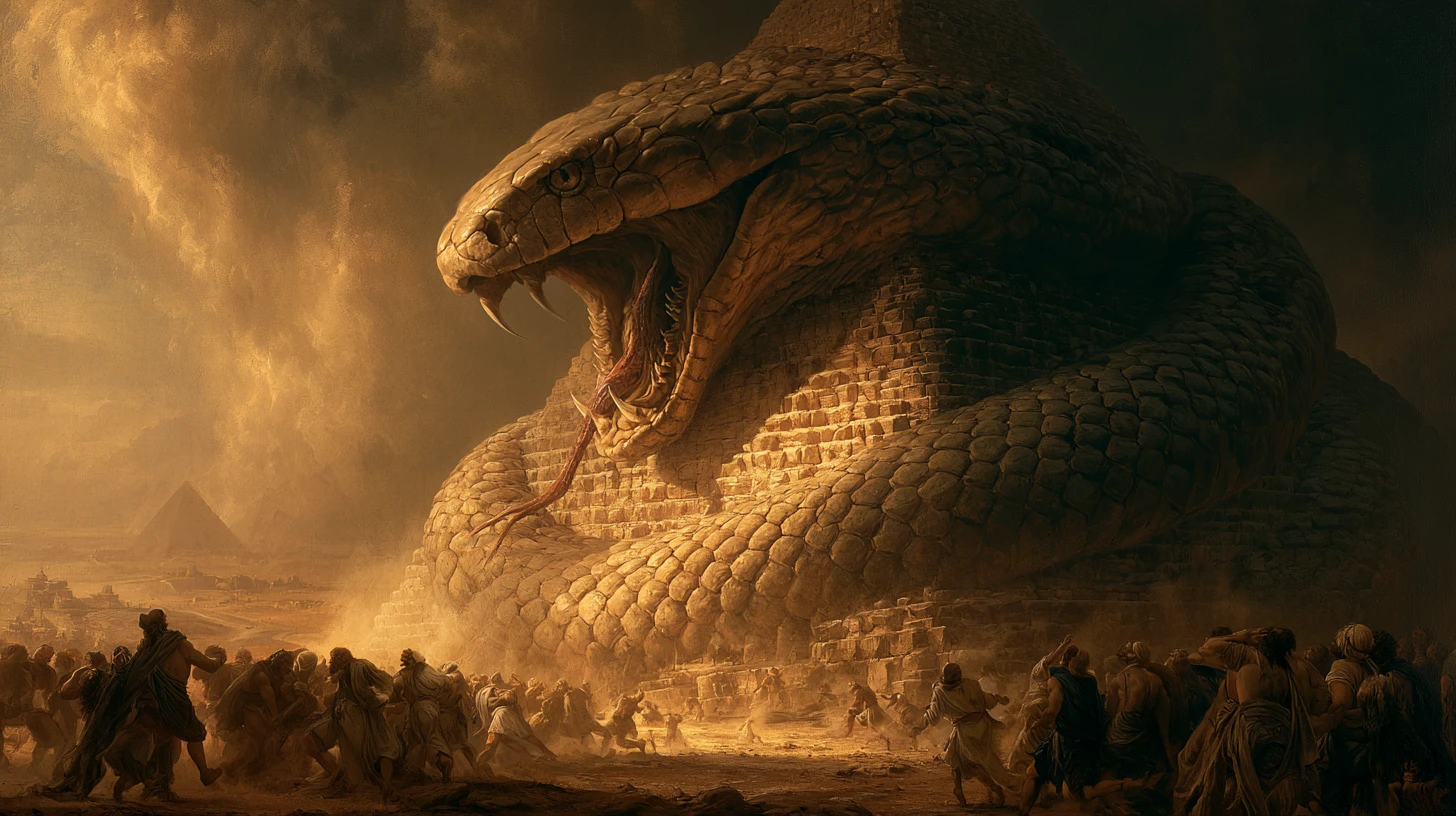 Cobra Gigante Enrollada en la Gran Pirámide al Atardecer