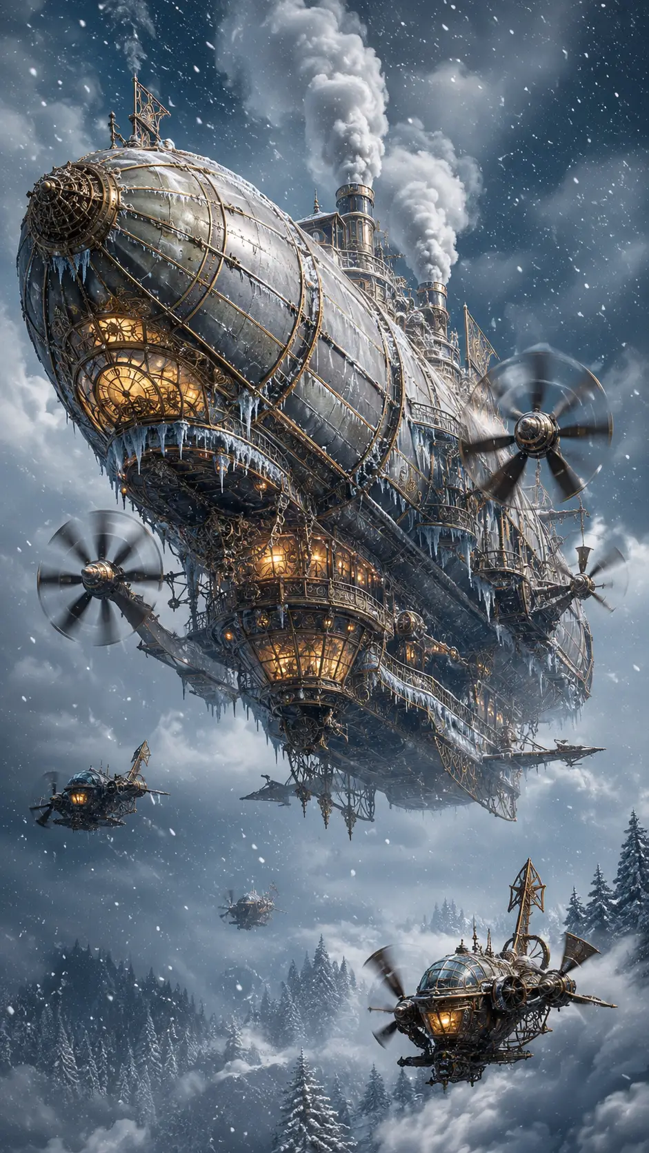 Steampunk airship rising through a raging winter snowstorm