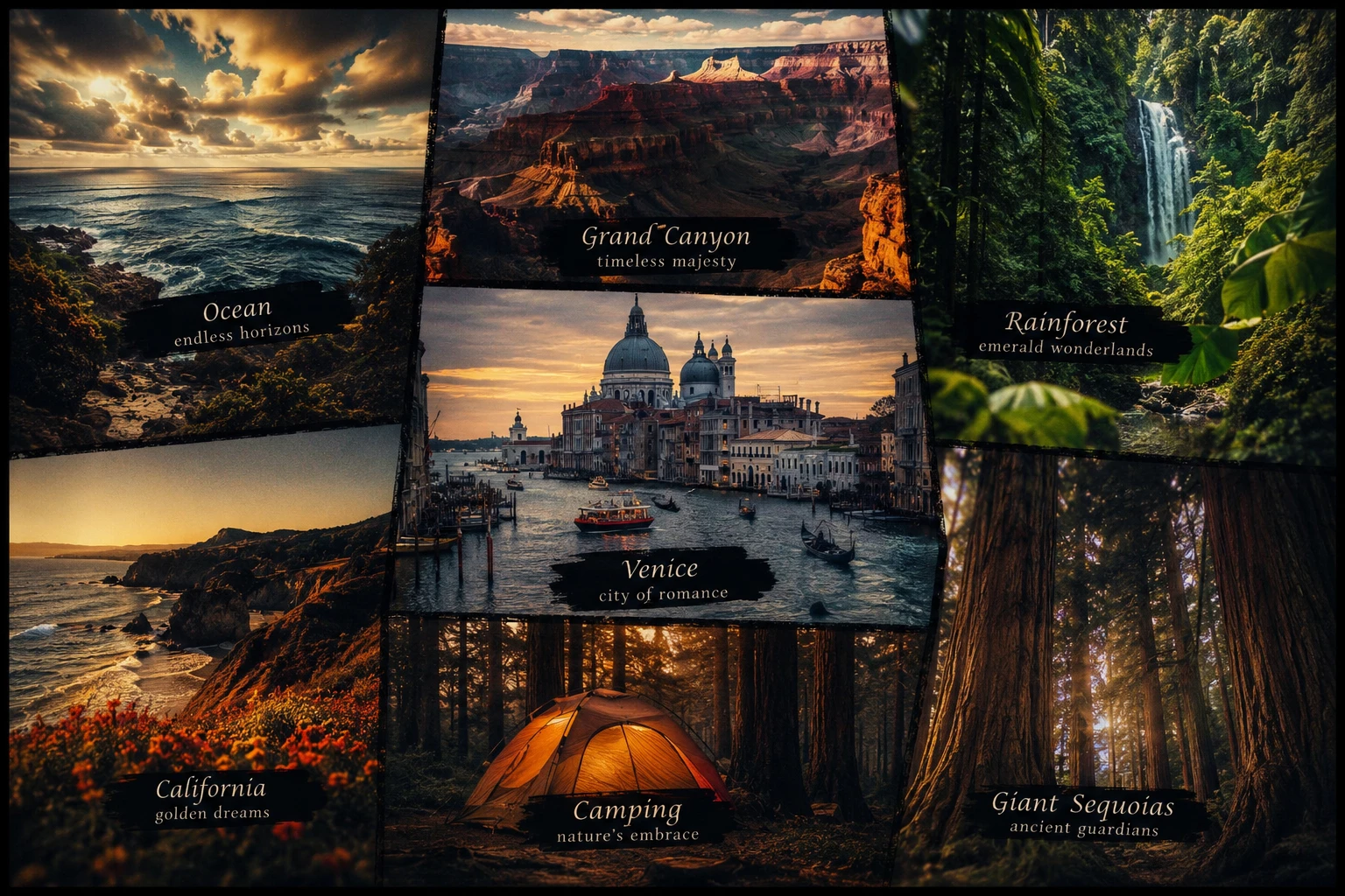 Vibrant photo collage of serene natural landscapes