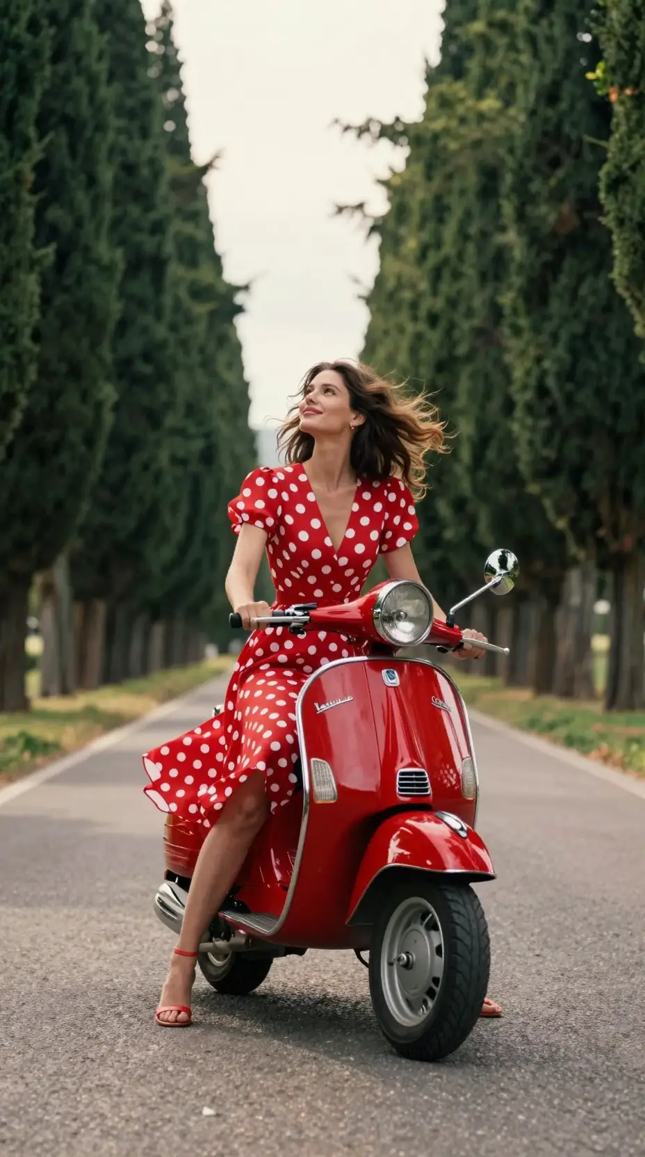 Woman on red scooter under tall cypress trees