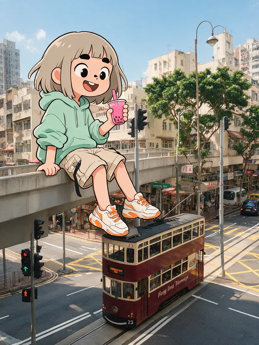 香港電車路口上方天橋上的動漫女孩
