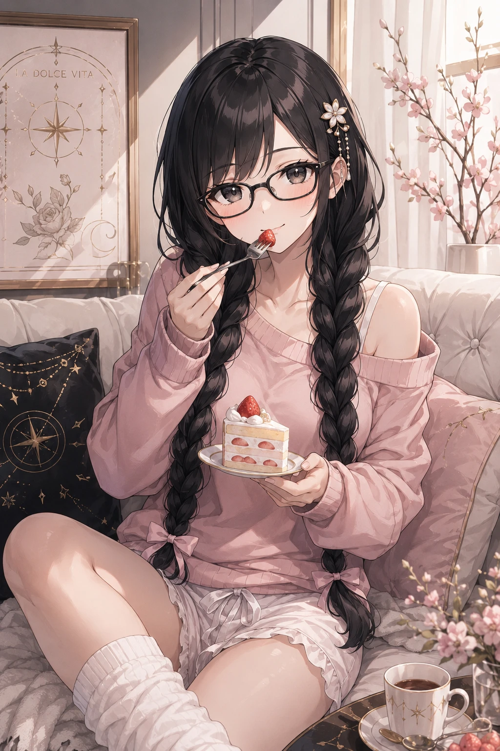 Garota de anime relaxando em casa com bolo de morango
