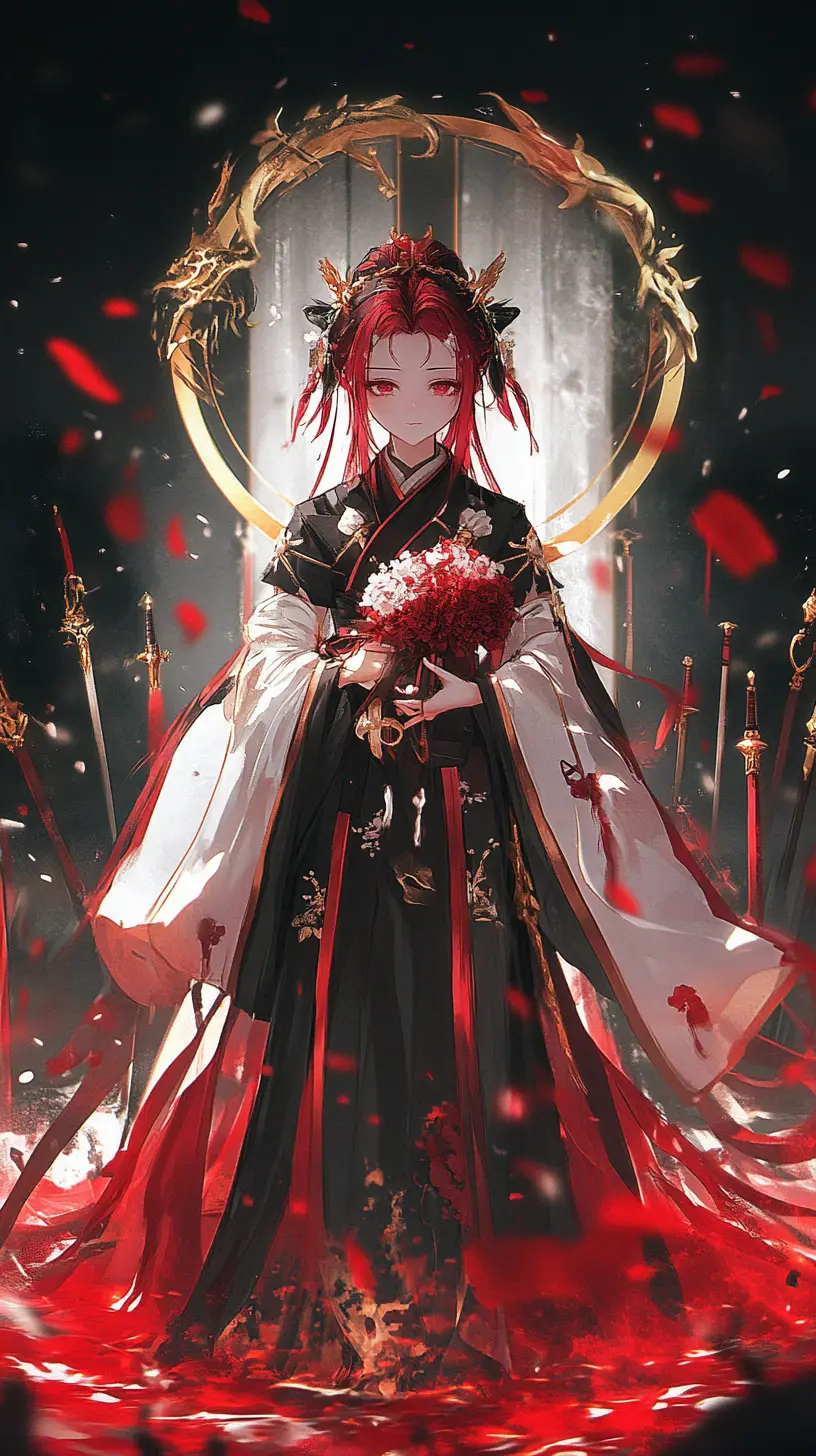 Anime girl with ornate outfit holding a golden halberd