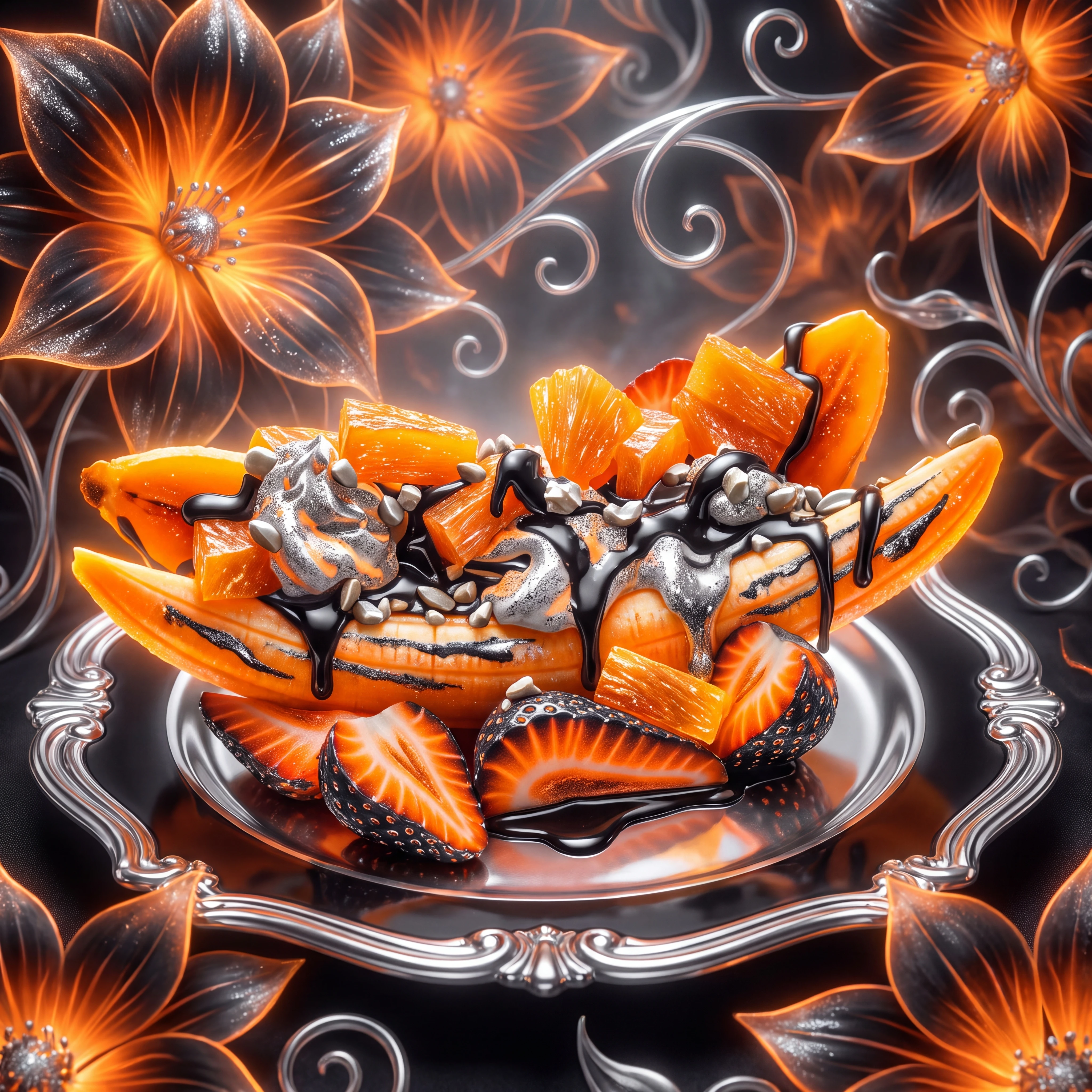 Colorful orange and silver flowers on mystical abstract background