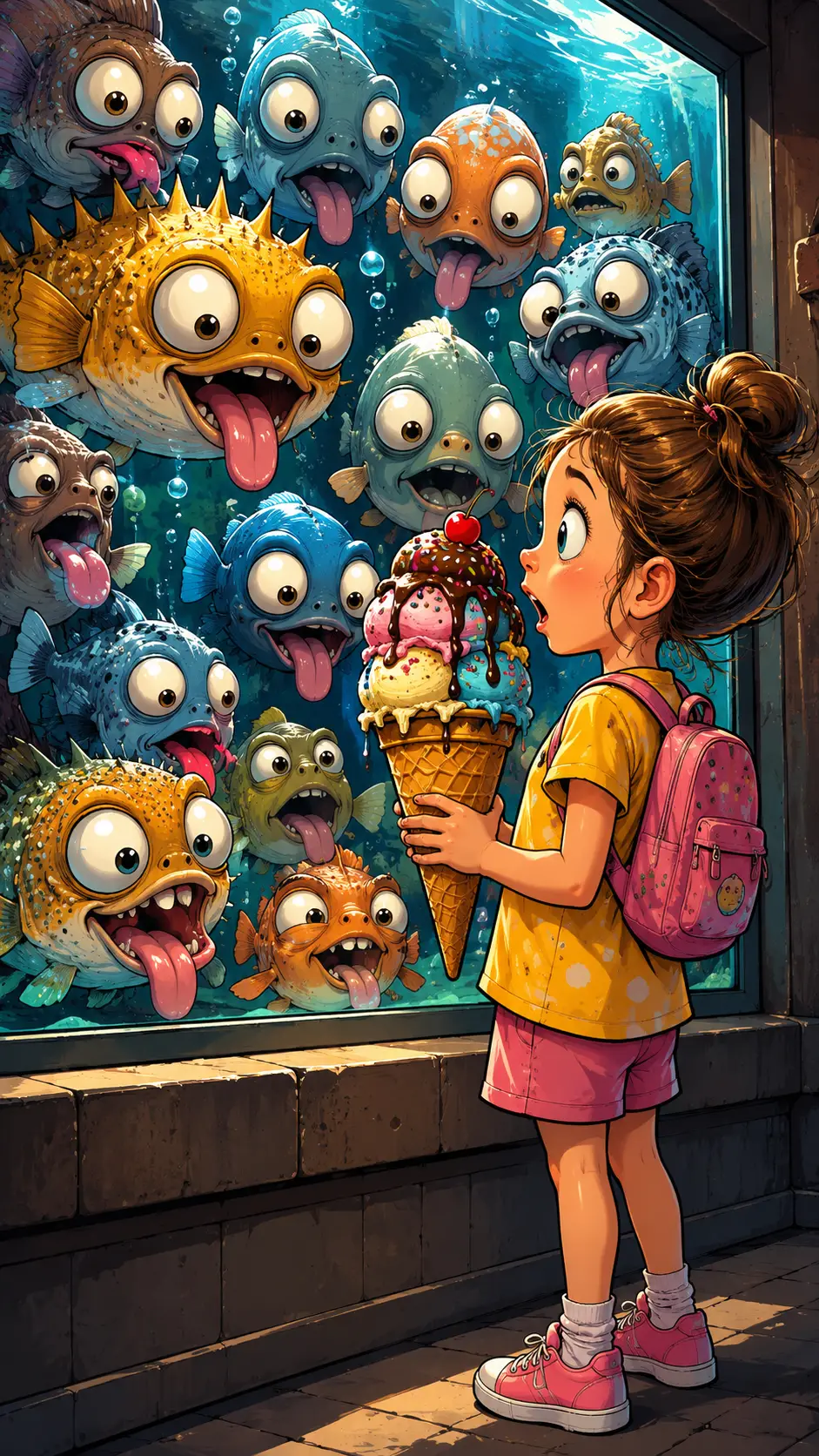 Little girl with ice cream at aquarium as fish stare