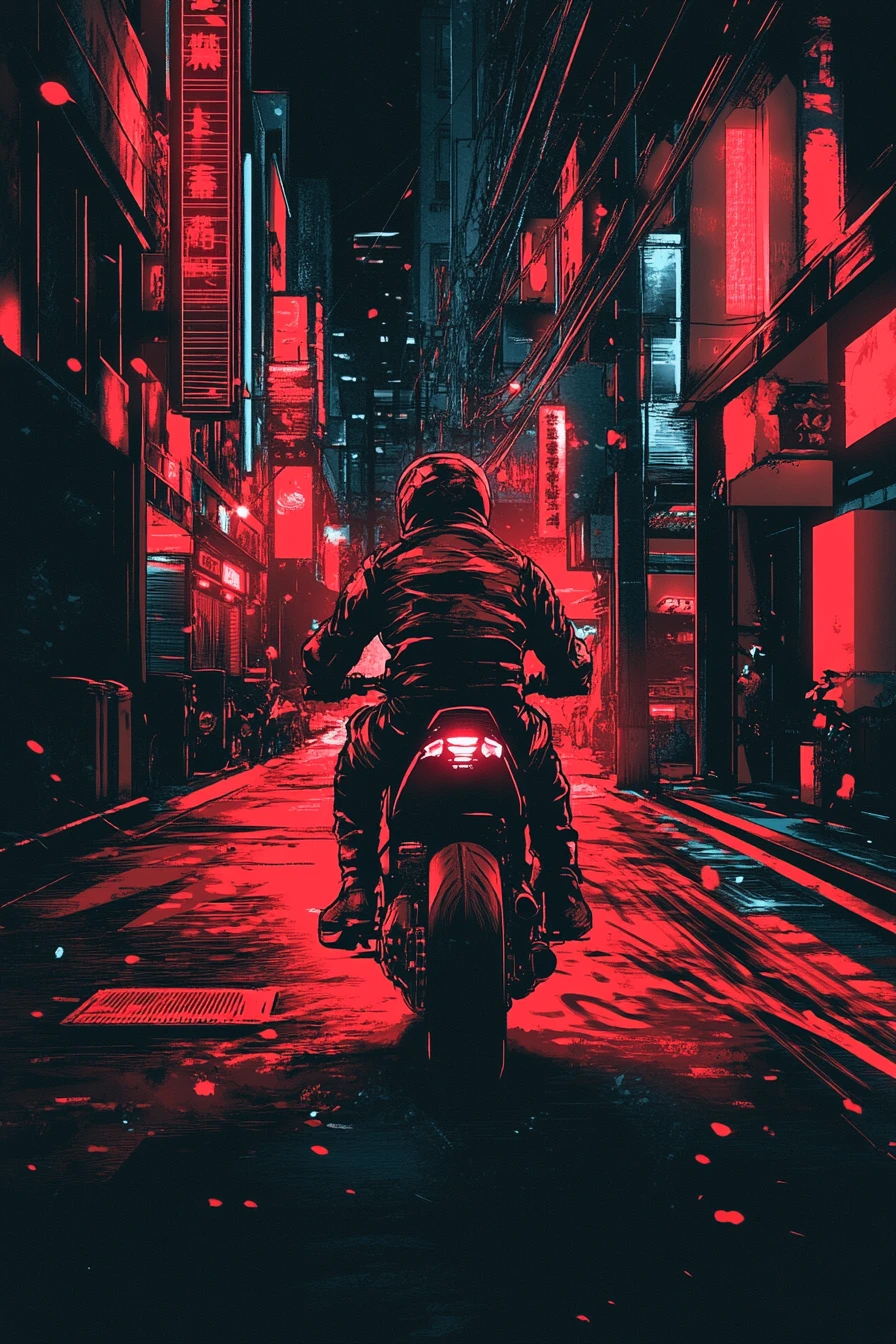 Ilustração dinâmica de moto vermelha e preta em estilo urbano