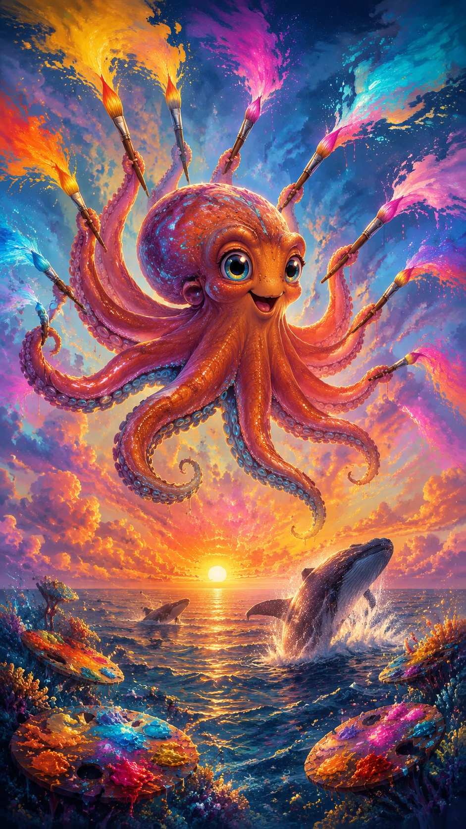 Cheerful Octopus Painting A Radiant Sunrise Above The Sea