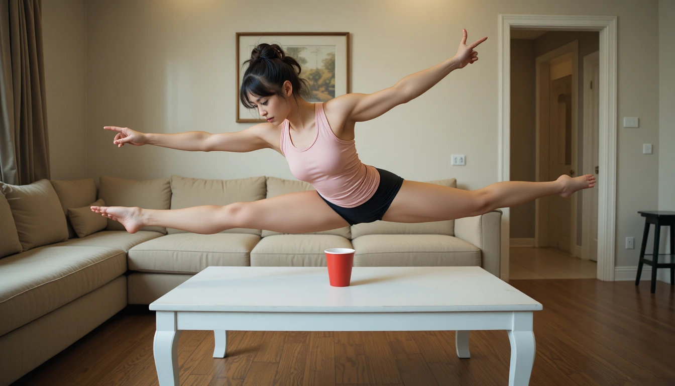 Jeune femme en équilibre en handstand sur une main à la maison