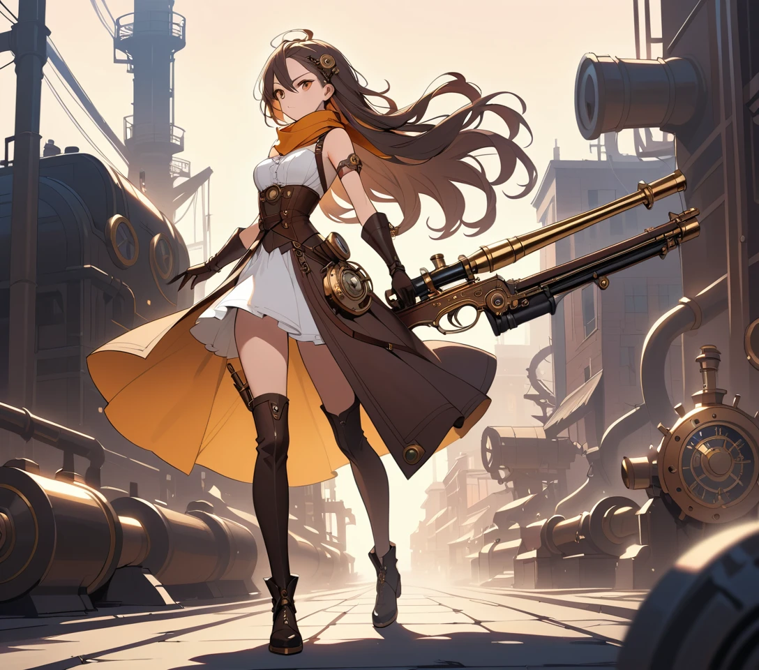 Steampunk woman aiming rifle over industrial city rooftops