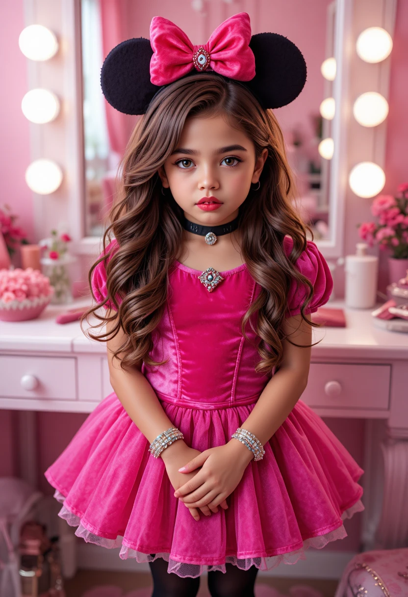 Menino pré-adolescente nervoso em fantasia de princesa ao lado de uma penteadeira