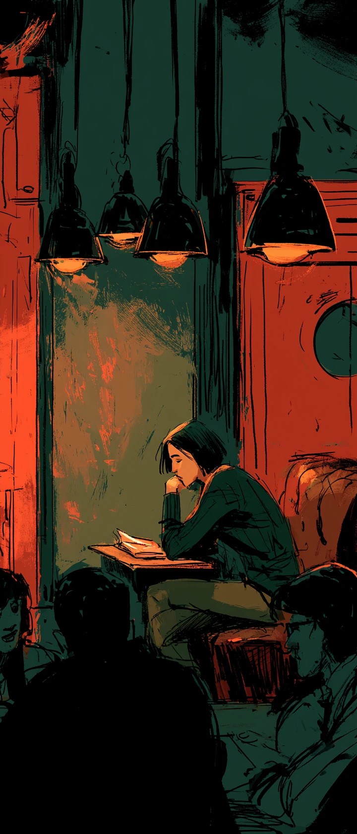 夜晚暖色吊燈下的情調咖啡館閱讀者