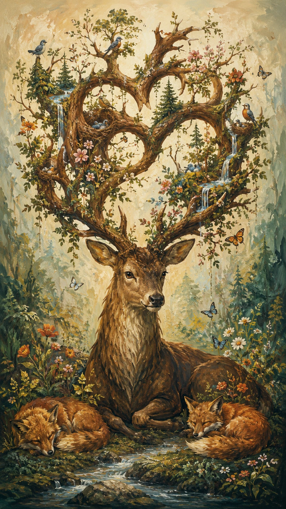Cervo majestoso da floresta com galhadas floridas e pequena vida selvagem