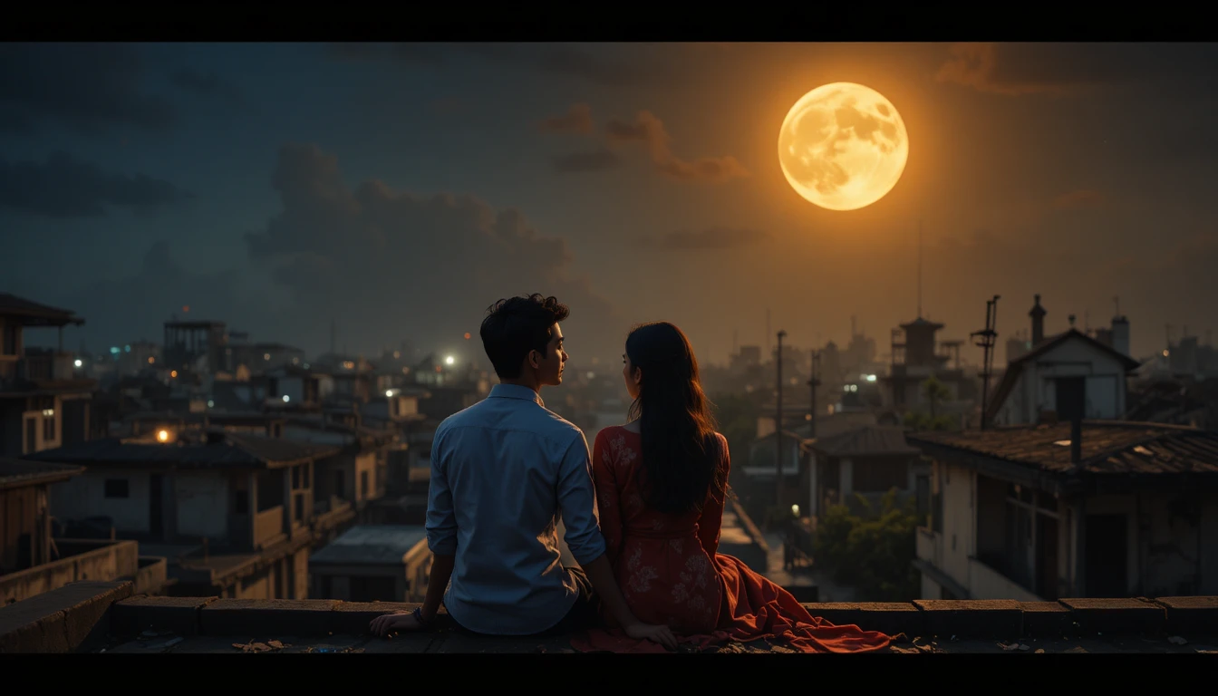 Casal romântico em telhado de Bangladesh sob a lua cheia