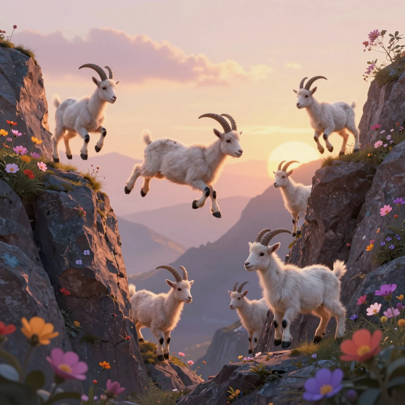 Cabras montesas alegres saltando por um cânion ao crepúsculo