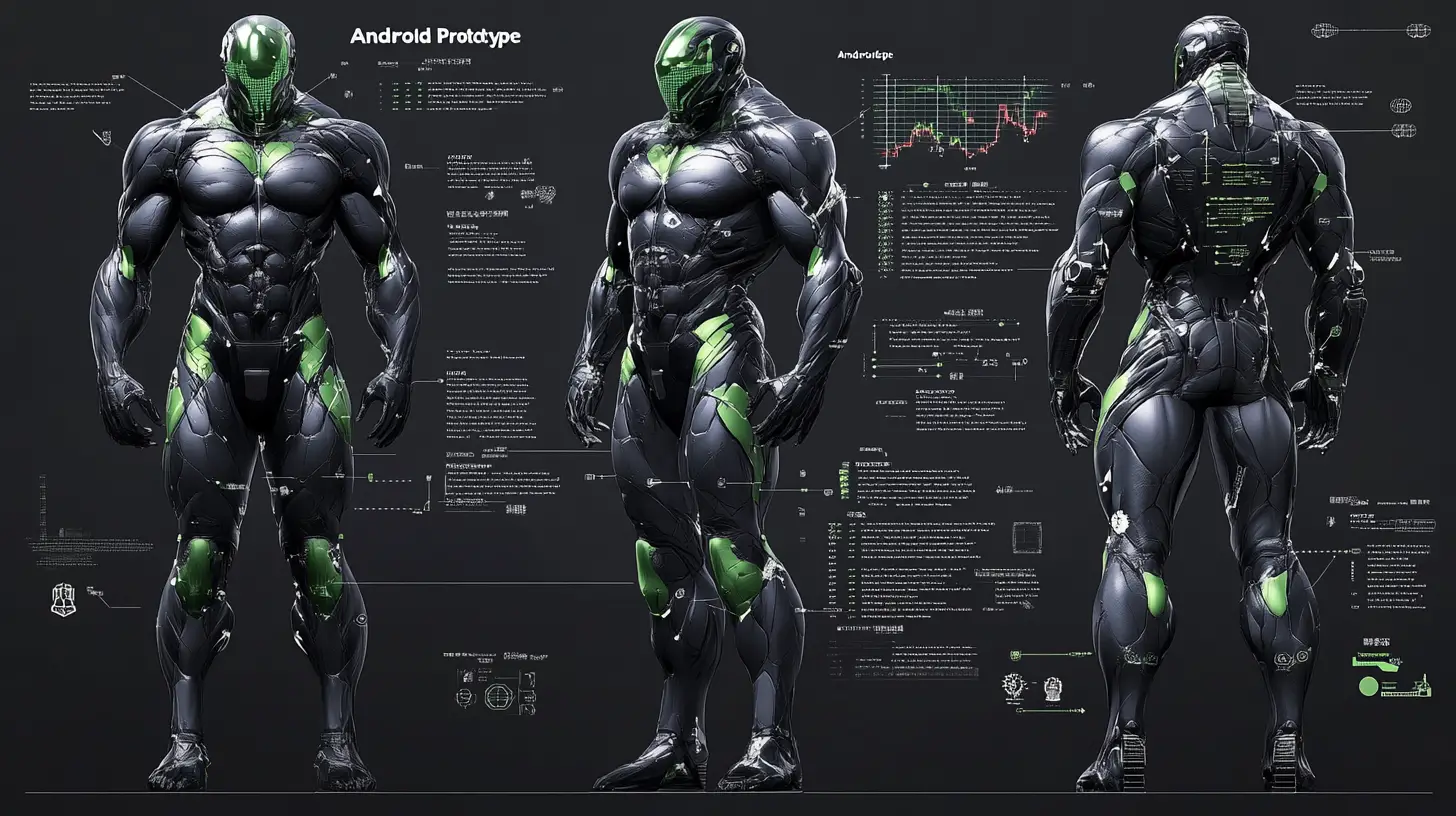Ganzkörper-3D-Diagramm eines massiven Kampf-Cyborg-Prototyps
