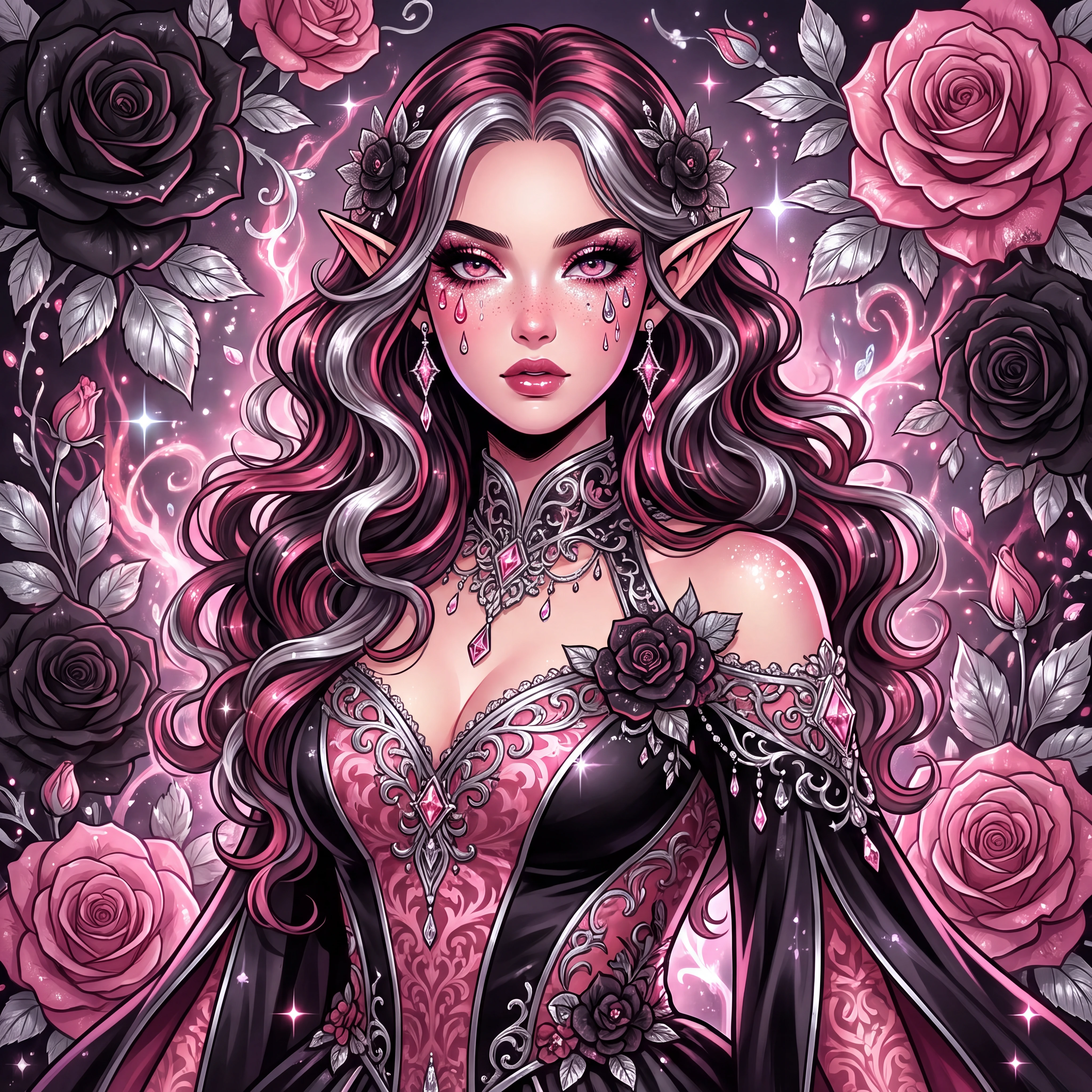 Rosa mistica e colorata con sfondo floreale nero e argento