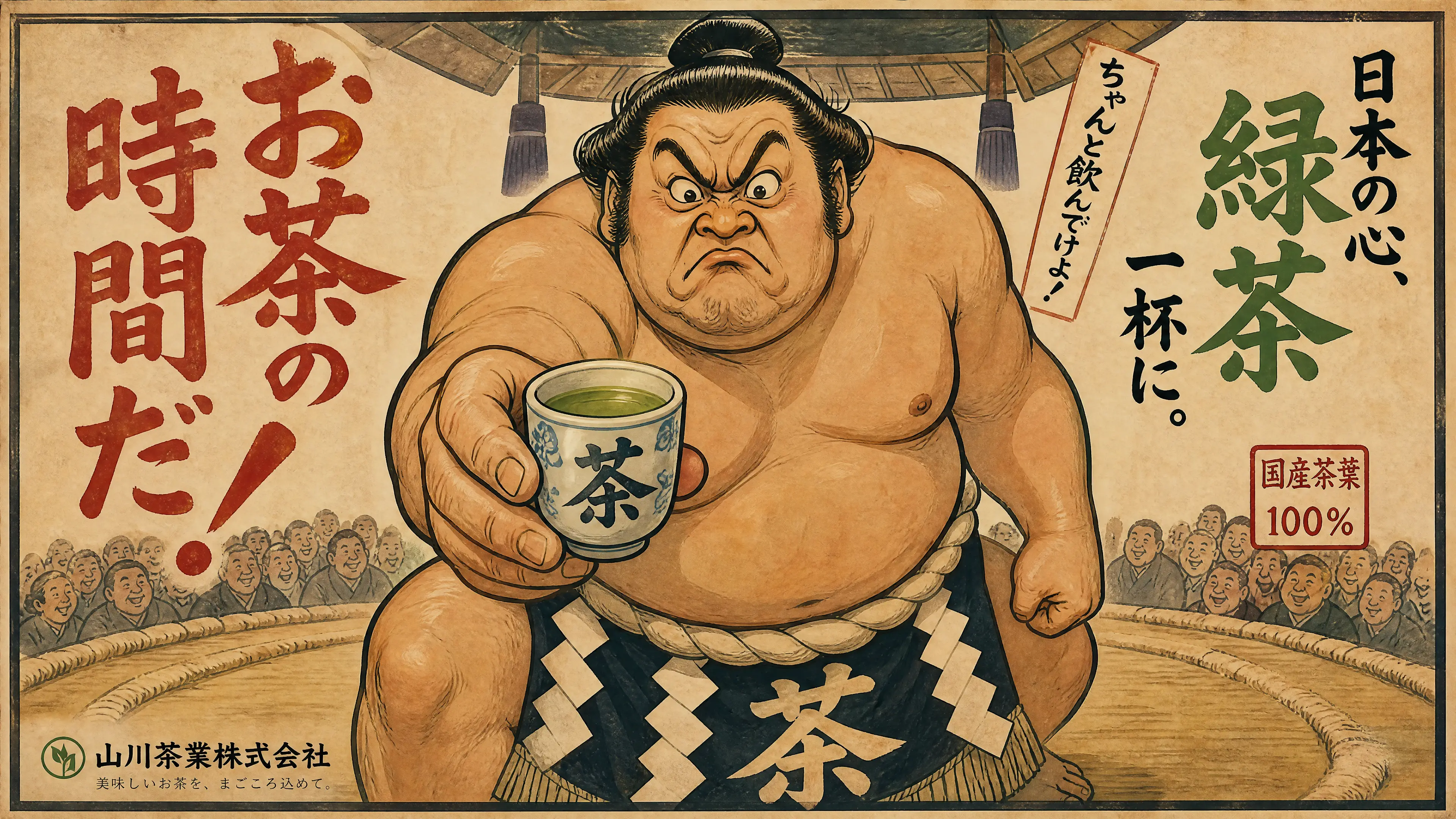 Gigantesco lottatore di sumo che offre un minuscolo tè verde in poster vintage