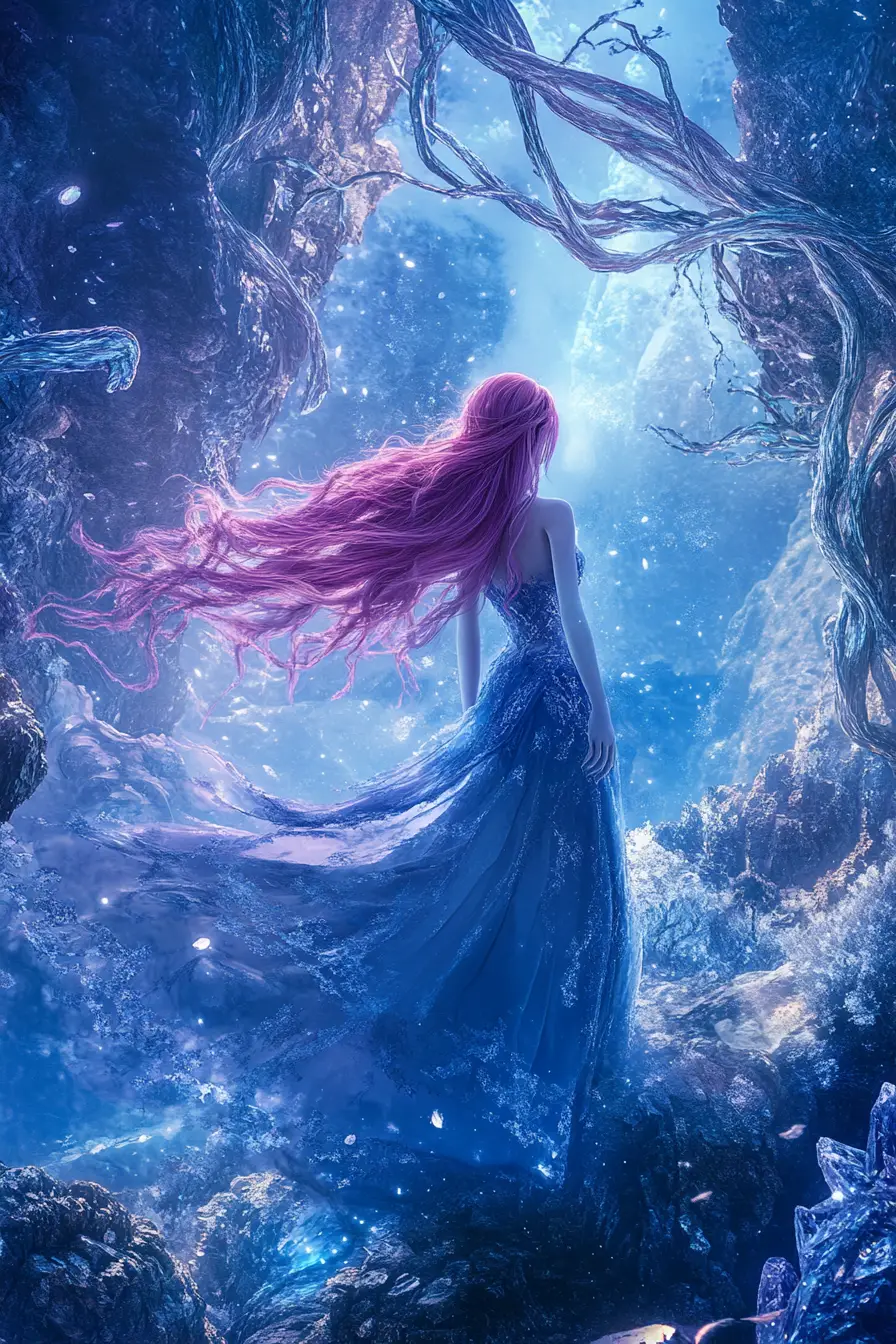 Mulher etérea de cabelo rosa em paisagem alienígena luminosa