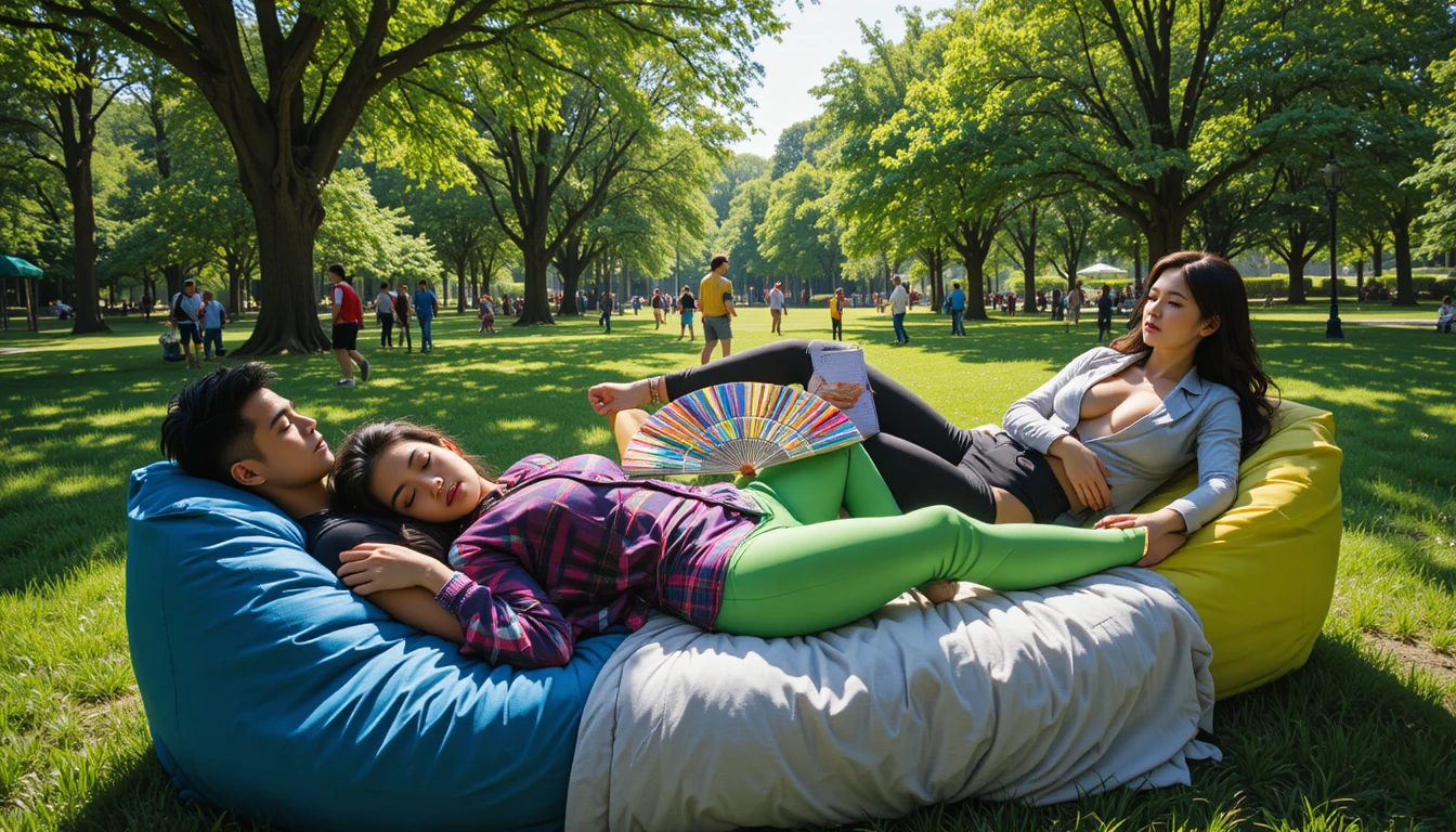 Amici che si rilassano su colorati pouf in un parco soleggiato