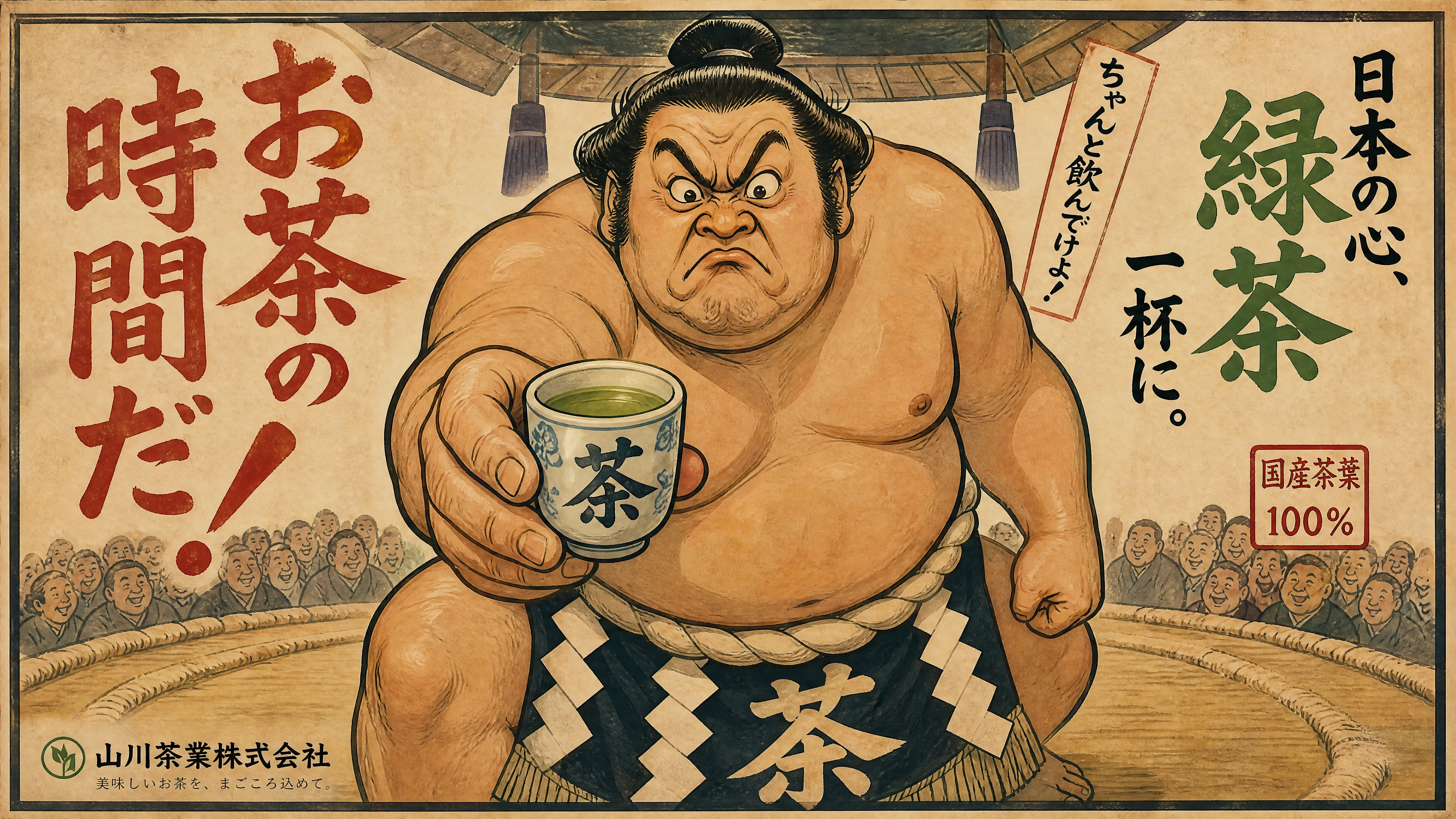 Gigantesco lottatore di sumo che offre un minuscolo tè verde in poster vintage