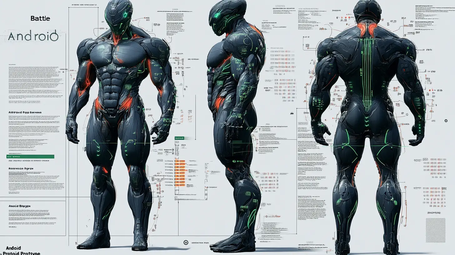 3D-Konstruktionsdiagramm eines massiven Kampf-Cyborg-Prototyps
