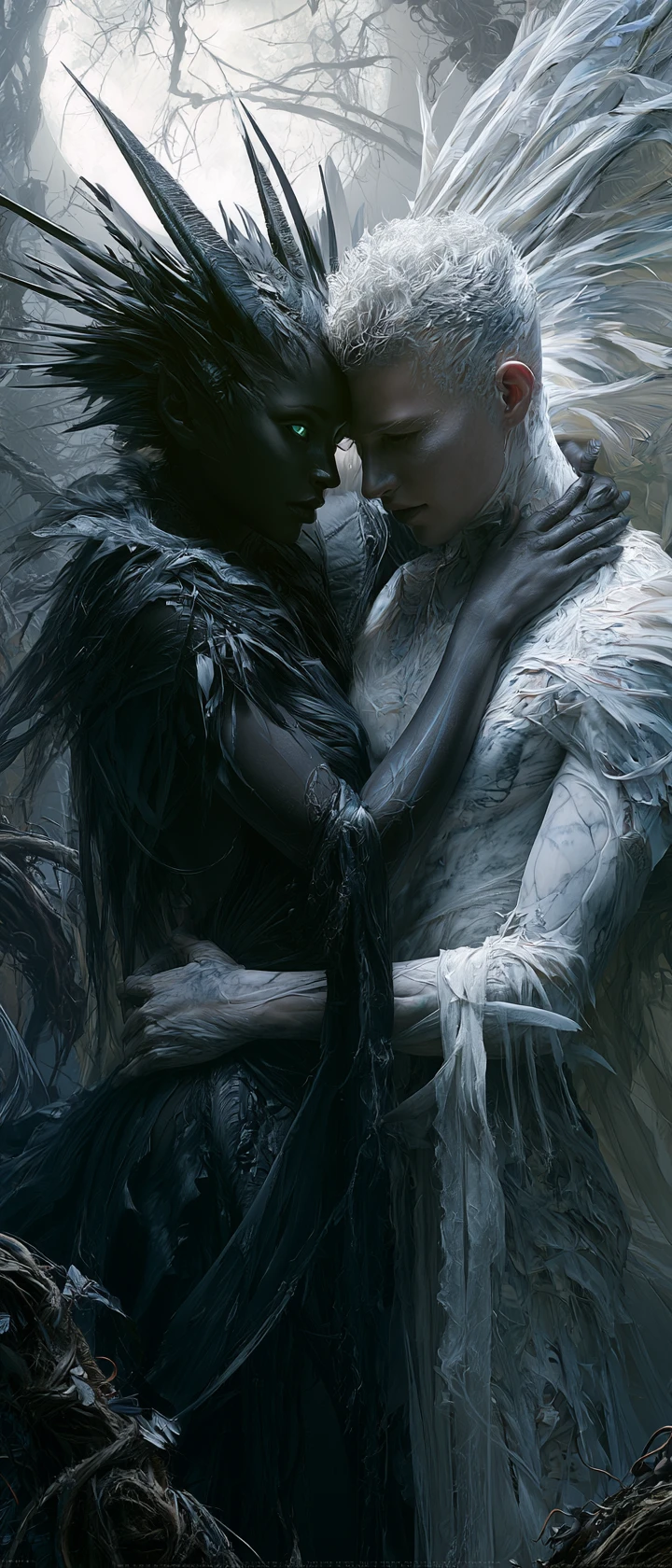 Demon woman embracing angel in a moonlit fantasy garden