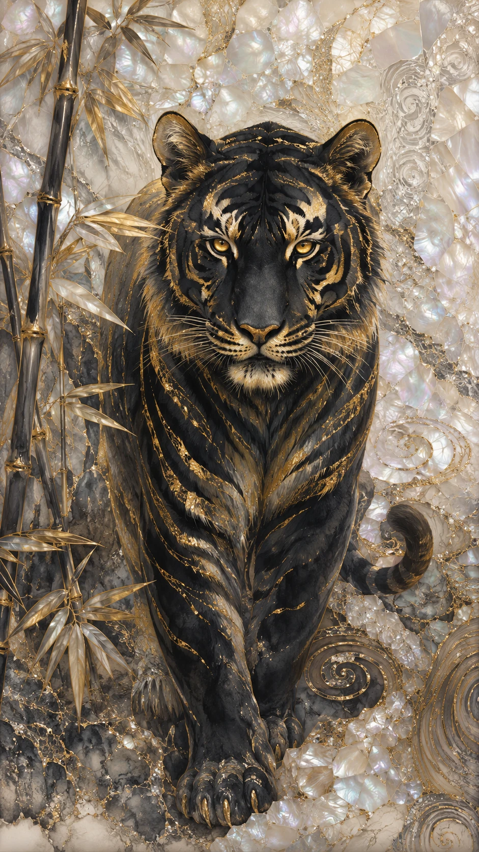 Schwarzer Tiger mit goldenen leuchtenden Akzenten in abstrakter Bambuskunst