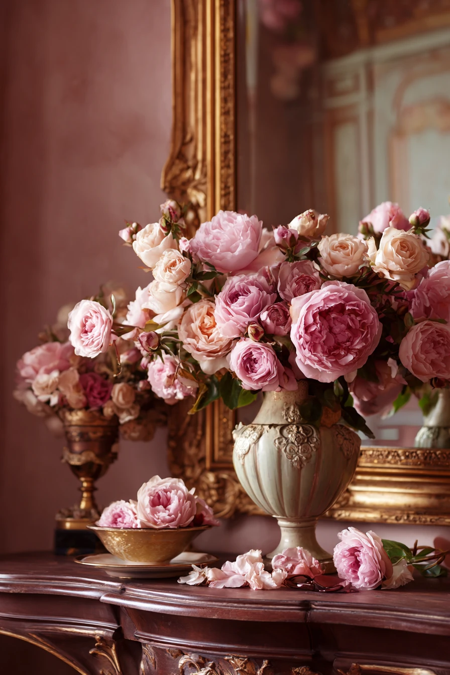 Ilustração de moda floral rosa com inspiração rococó para parede