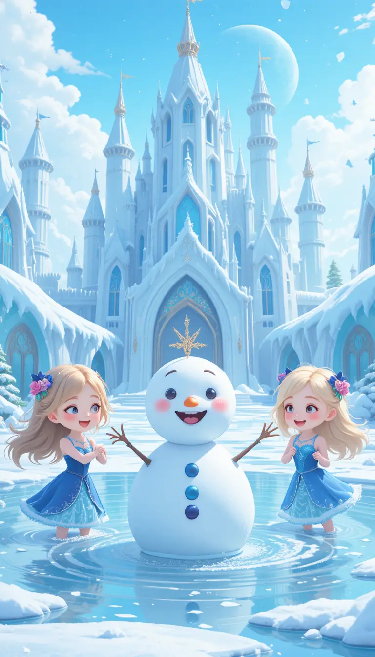 Cute anime snowman playing happily in an ice pool