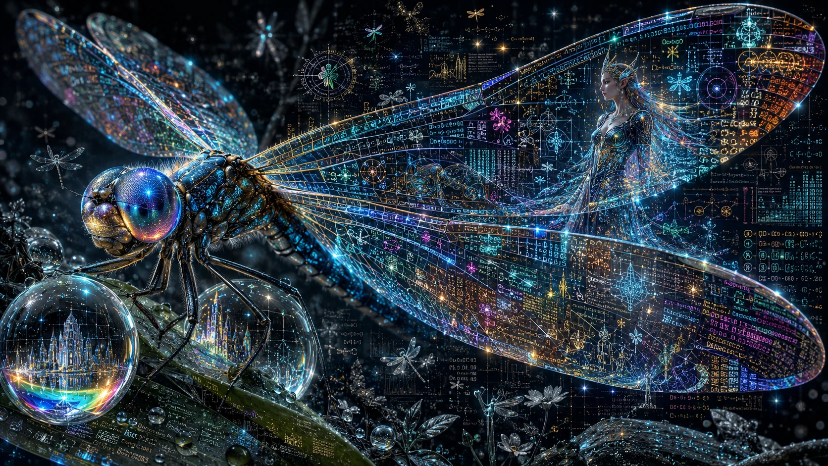 Gros plan extrême sur des ailes de libellule fantastiques remplies de données