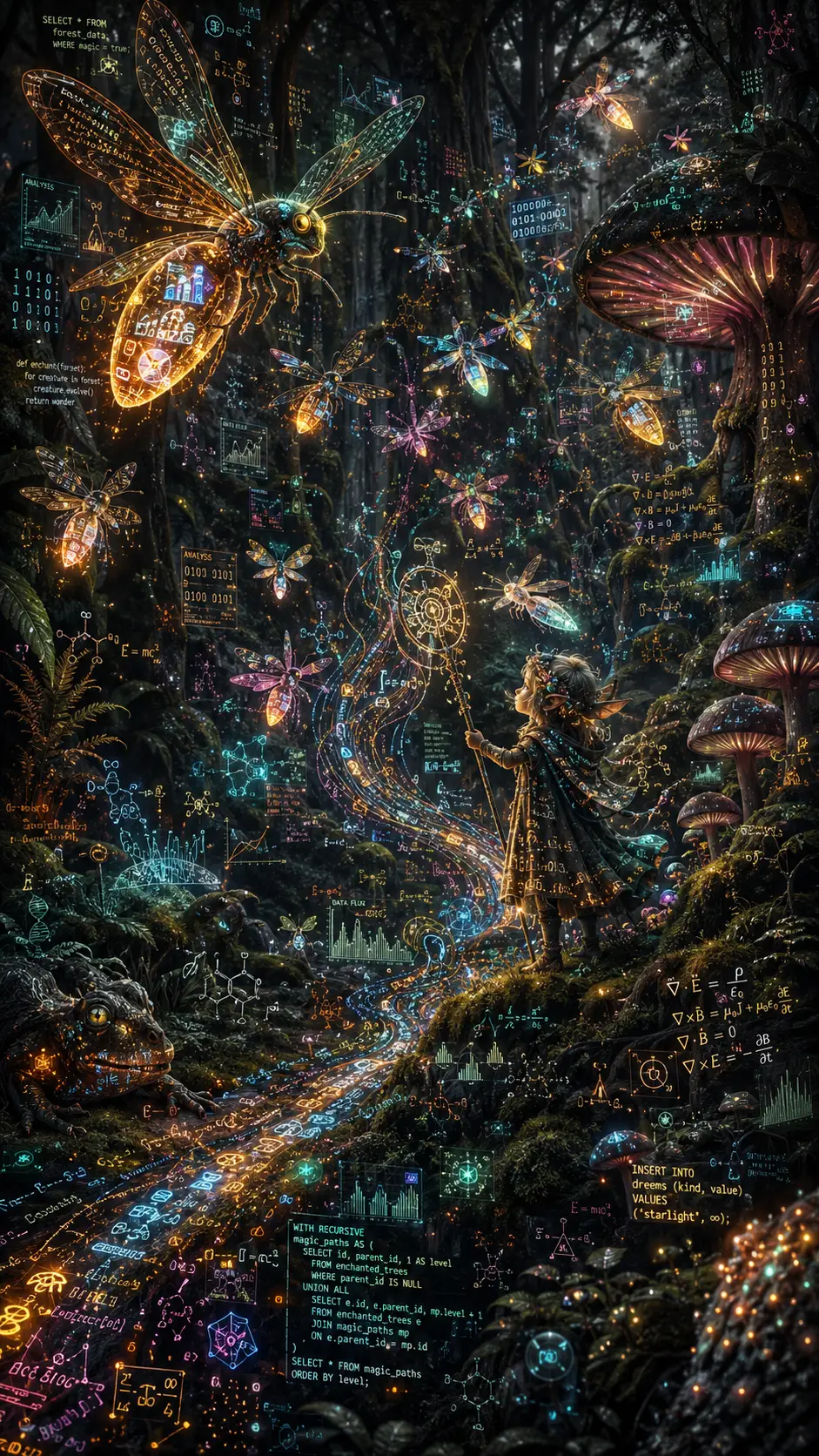 Tiny forest spirit conducting glowing data fireflies