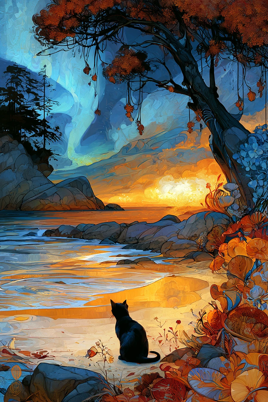 Lindo gatito descansando en una playa tropical con flores exuberantes
