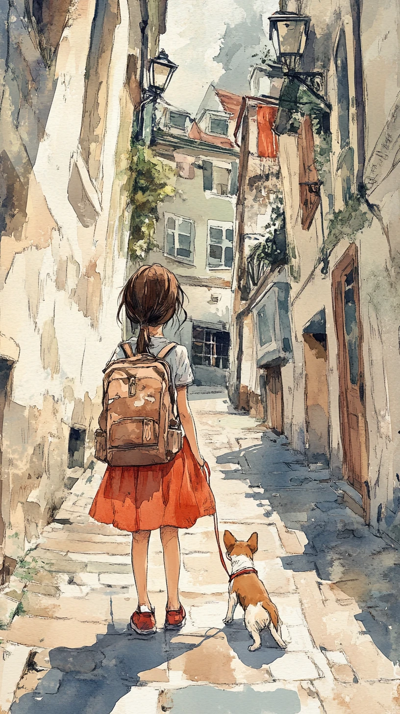 雨の石畳の通りを歩く裸足の少女と犬