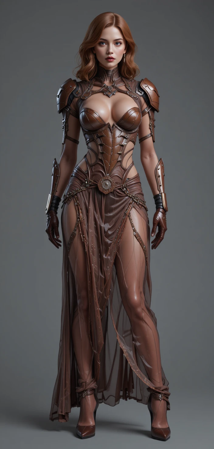 Femme sci‑fi en armure style harem transparente avec talons hauts