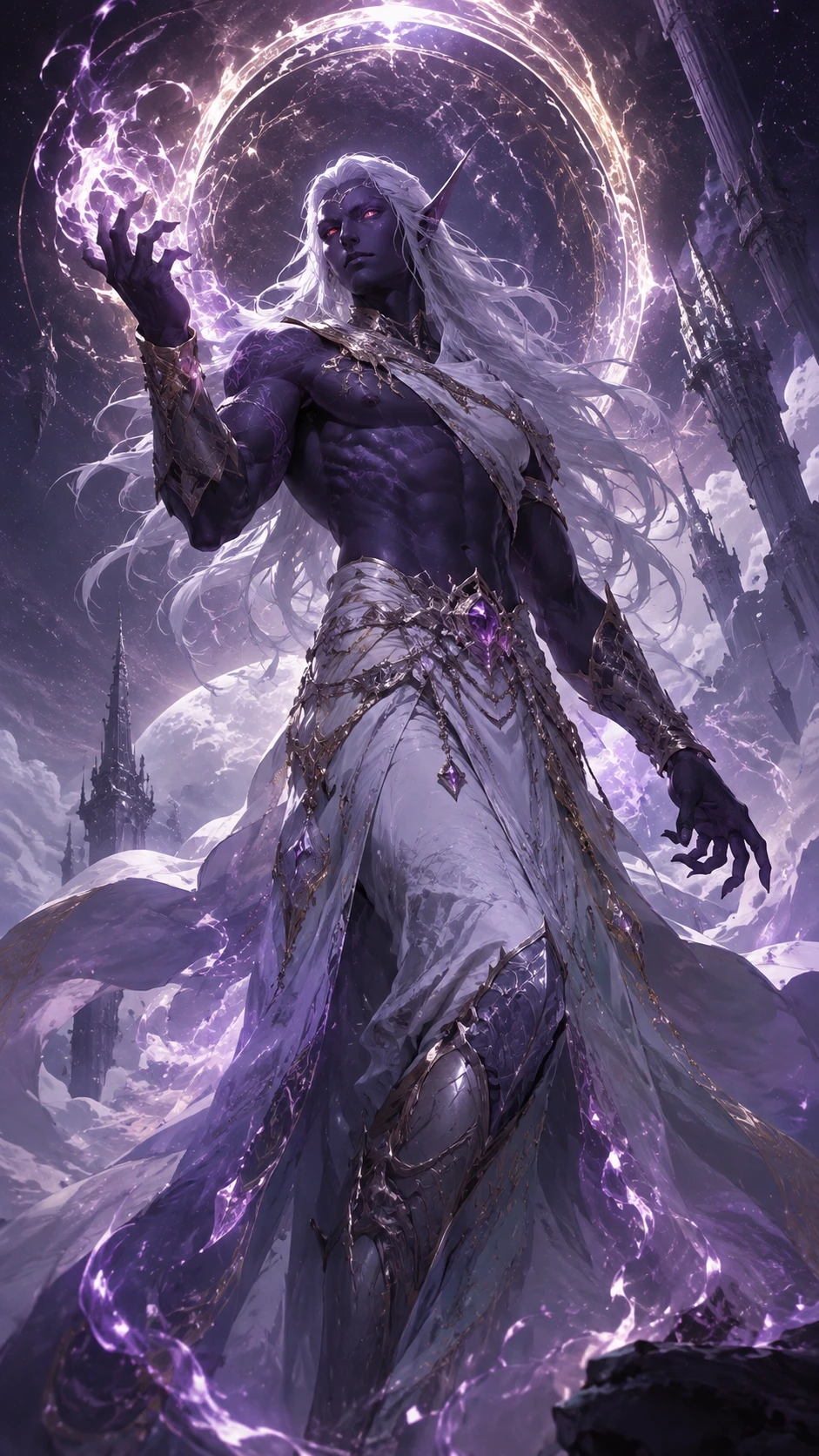 Dark elf warrior with glowing red eyes in white robes