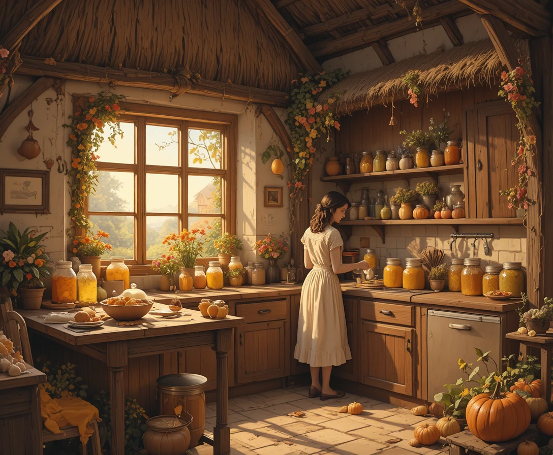 Cuisine de cottage chaleureuse avec femme faisant des conserves à la fenêtre