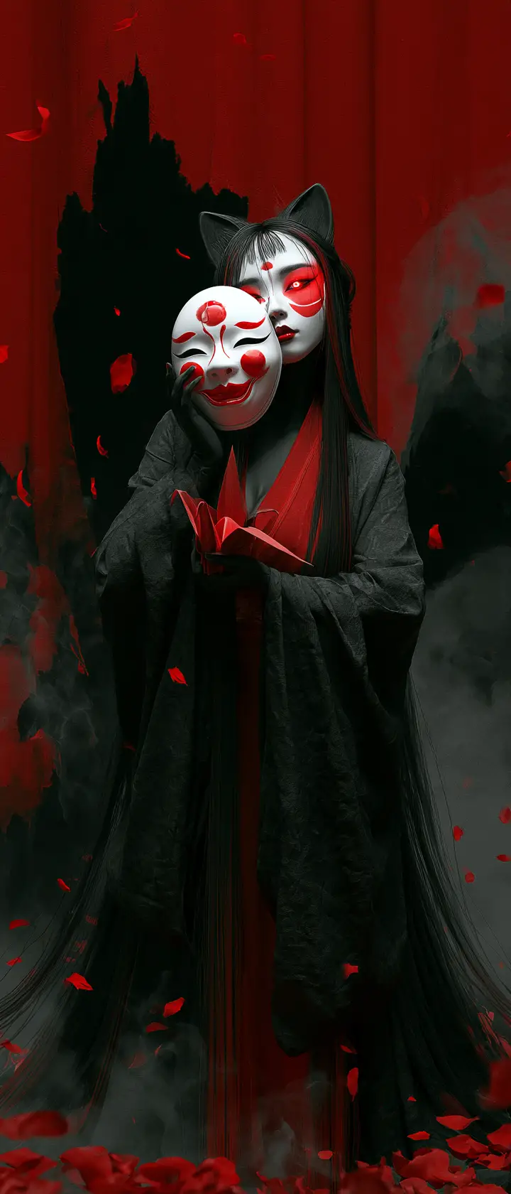 Chinese fox demon woman with mask on moonlit stage
