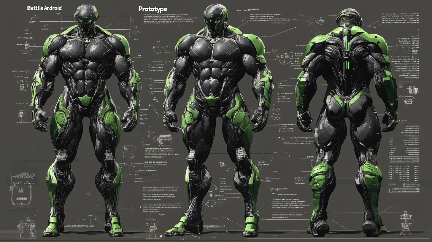 Diagrama técnico 3D de um protótipo de ciborgue de batalha musculoso