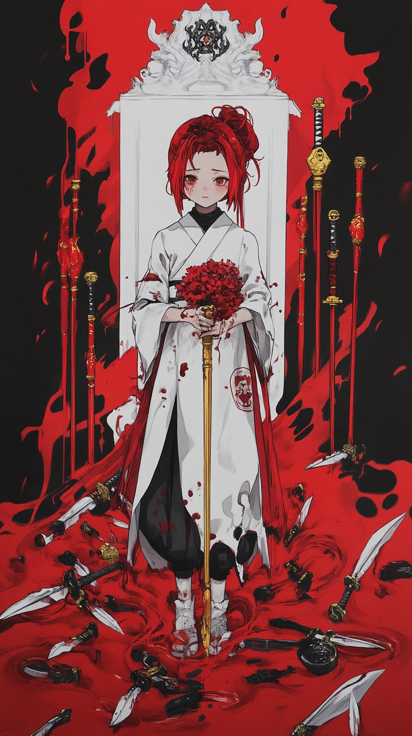 Anime girl with red hair in ornate koi fish outfit