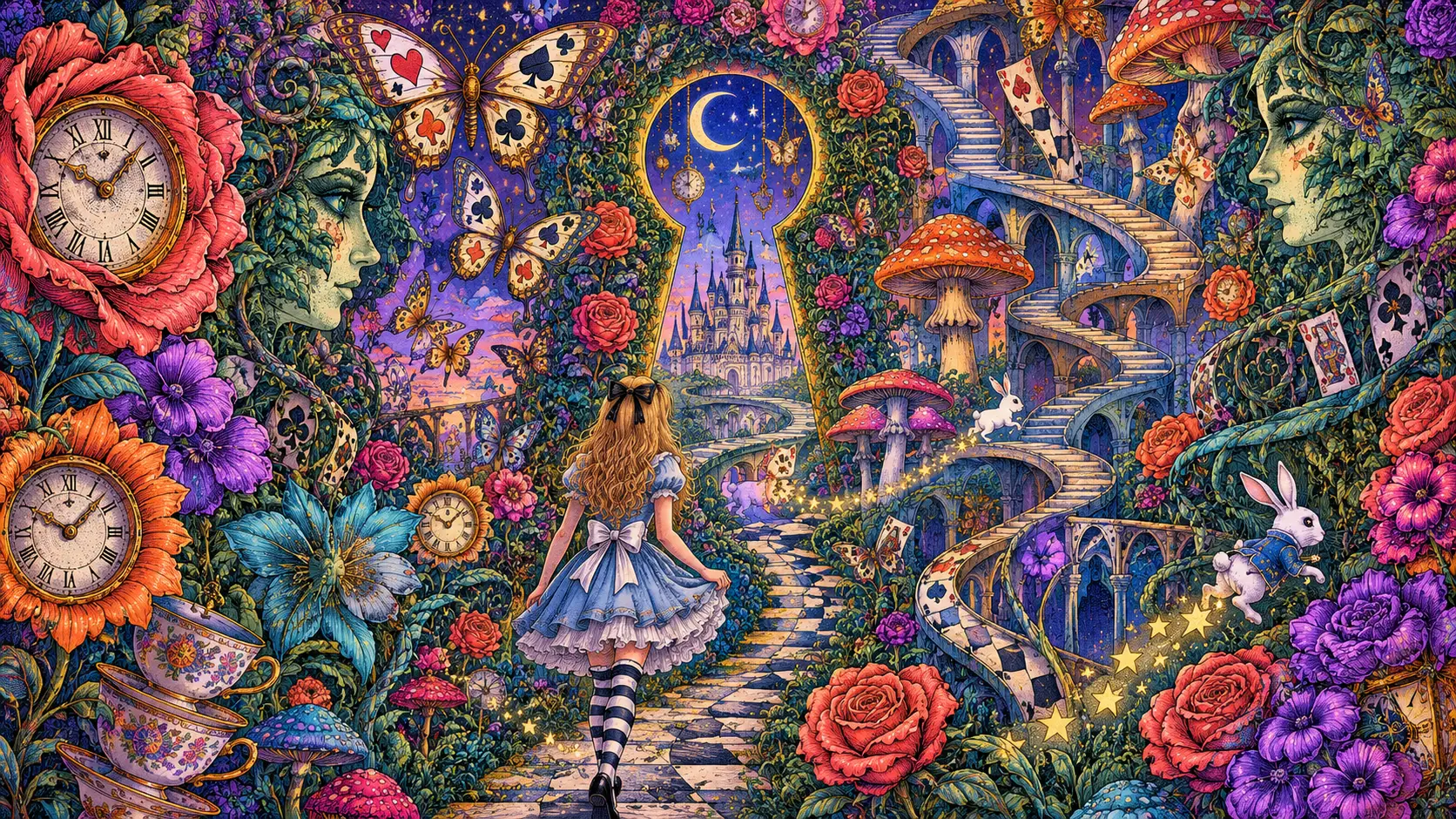 Young dreamer wandering through a surreal botanical labyrinth